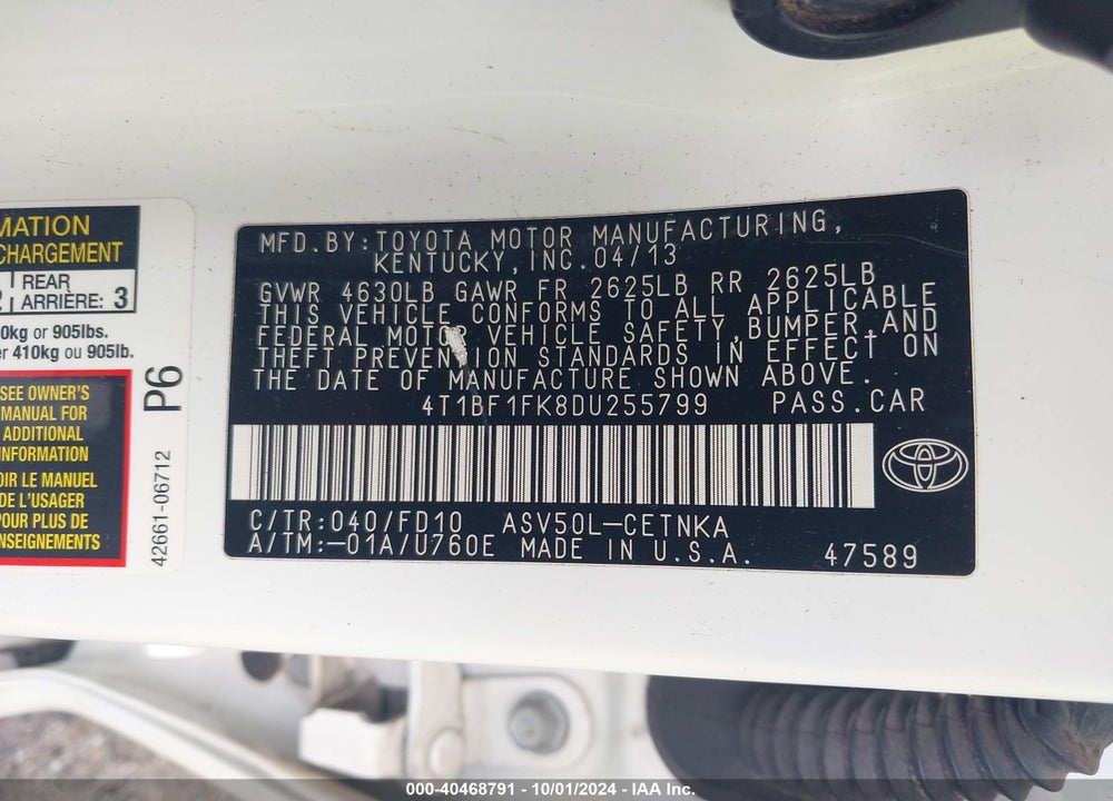 2013 TOYOTA CAMRY LE VIN: 4T1BF1FK8DU255799