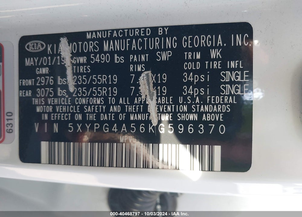 2019 KIA SORENTO 3.3L S VIN: 5XYPG4A56KG596370
