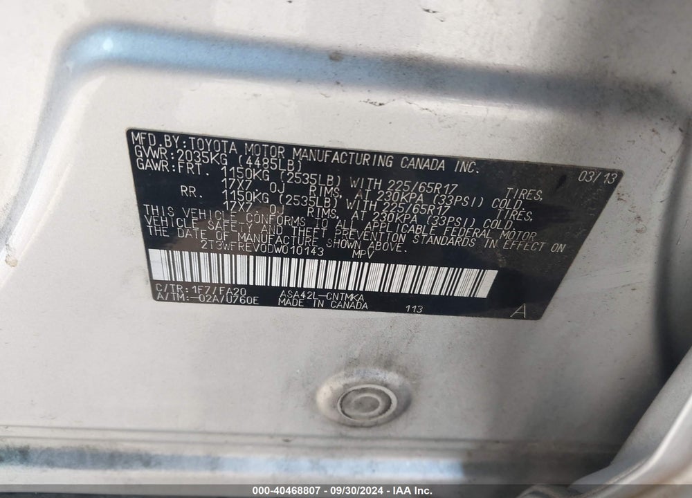 2013 TOYOTA RAV4 XLE VIN: 2T3WFREV0DW010143