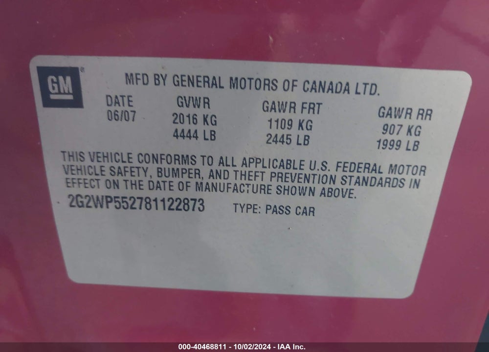 2008 PONTIAC GRAND PRIX VIN: 2G2WP552781122873