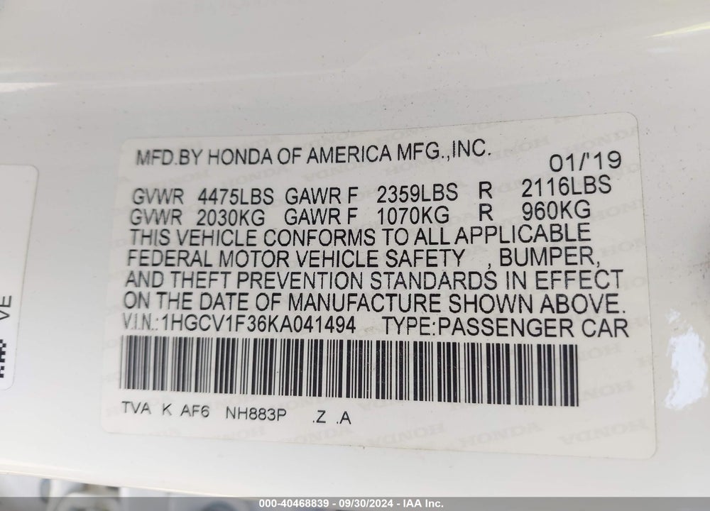 2019 HONDA ACCORD SPORT VIN: 1HGCV1F36KA041494