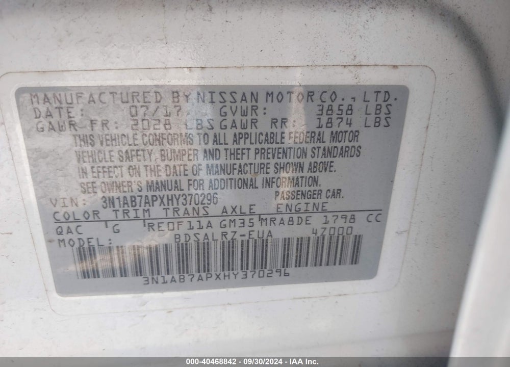 2017 NISSAN SENTRA S/SL/SR/SV VIN: 3N1AB7APXHY370296