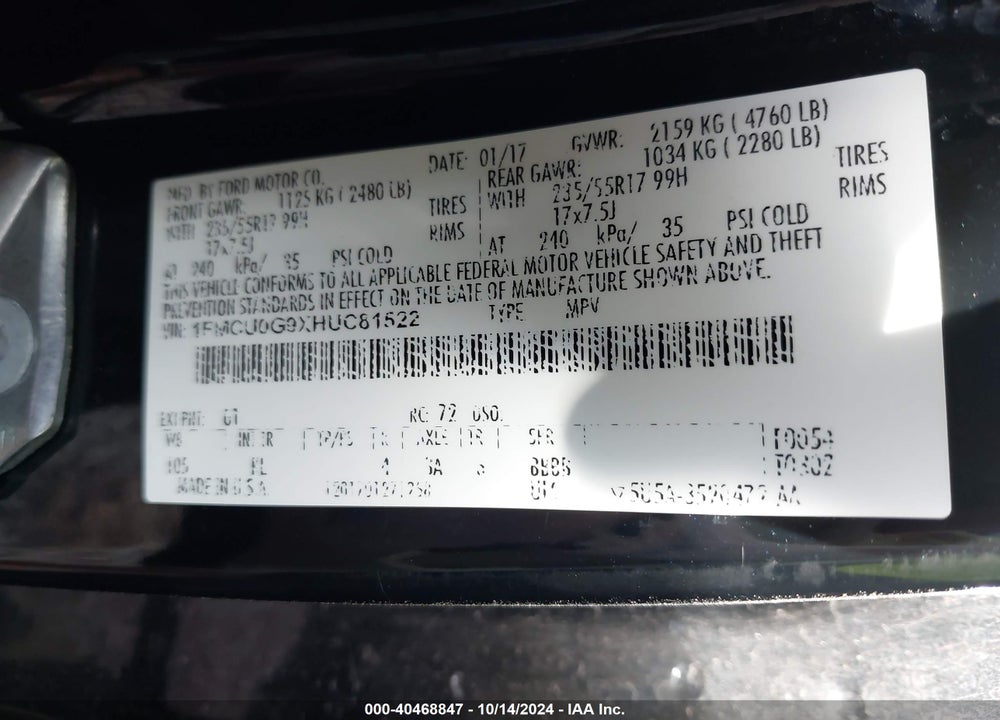 2017 FORD ESCAPE SE VIN: 1FMCU0G9XHUC81522