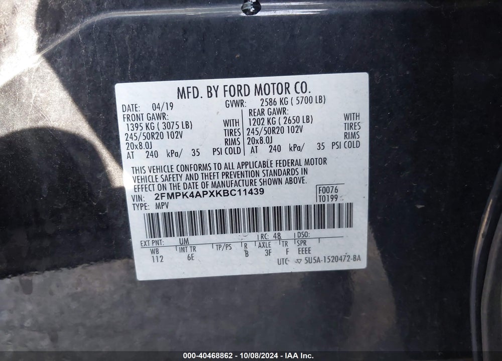 2019 FORD EDGE ST VIN: 2FMPK4APXKBC11439