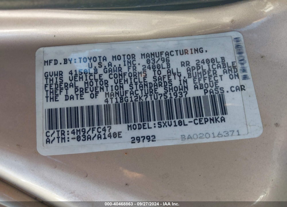 1996 TOYOTA CAMRY DX/LE/XLE VIN: 4T1BG12K7TU751937
