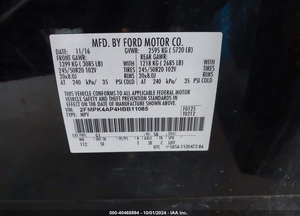 2017 FORD EDGE SPORT VIN: 2FMPK4AP4HBB11085