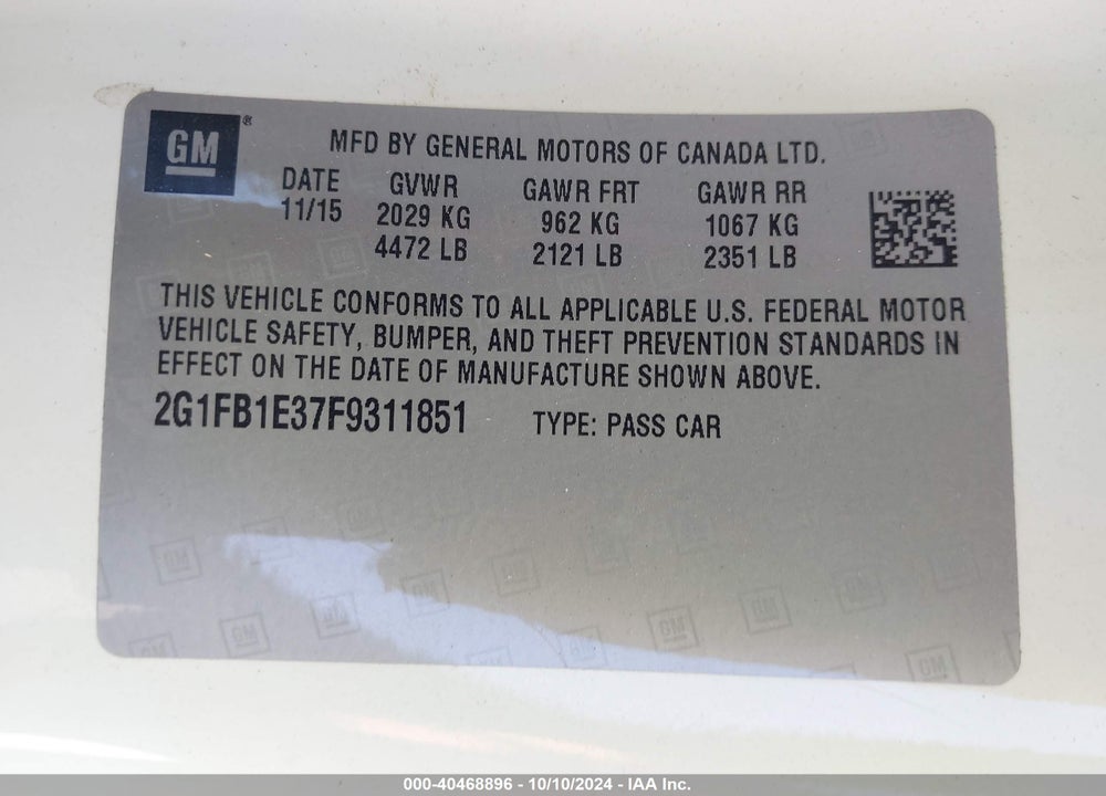 2015 CHEVROLET CAMARO 2LS VIN: 2G1FB1E37F9311851