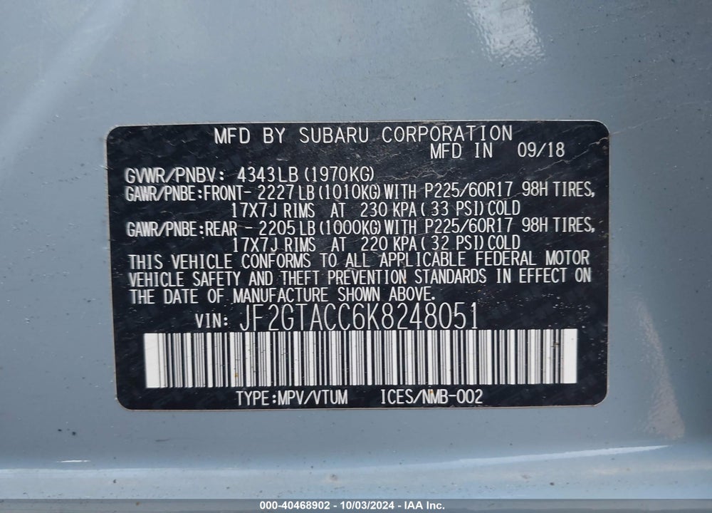 2019 SUBARU CROSSTREK 2.0I PREMIUM VIN: JF2GTACC6K8248051