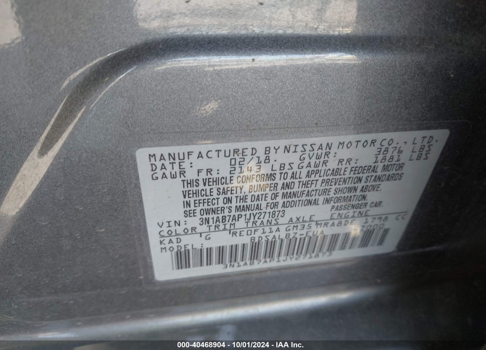 2018 NISSAN SENTRA S VIN: 3N1AB7AP1JY271873