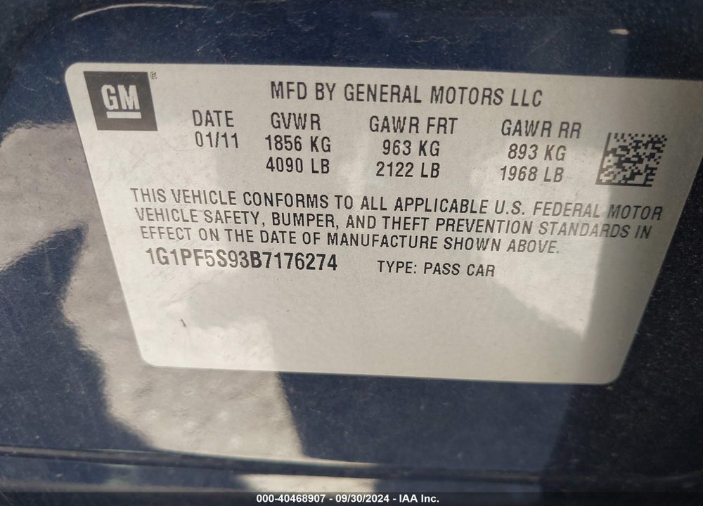 2011 CHEVROLET CRUZE 1LT VIN: 1G1PF5S93B7176274