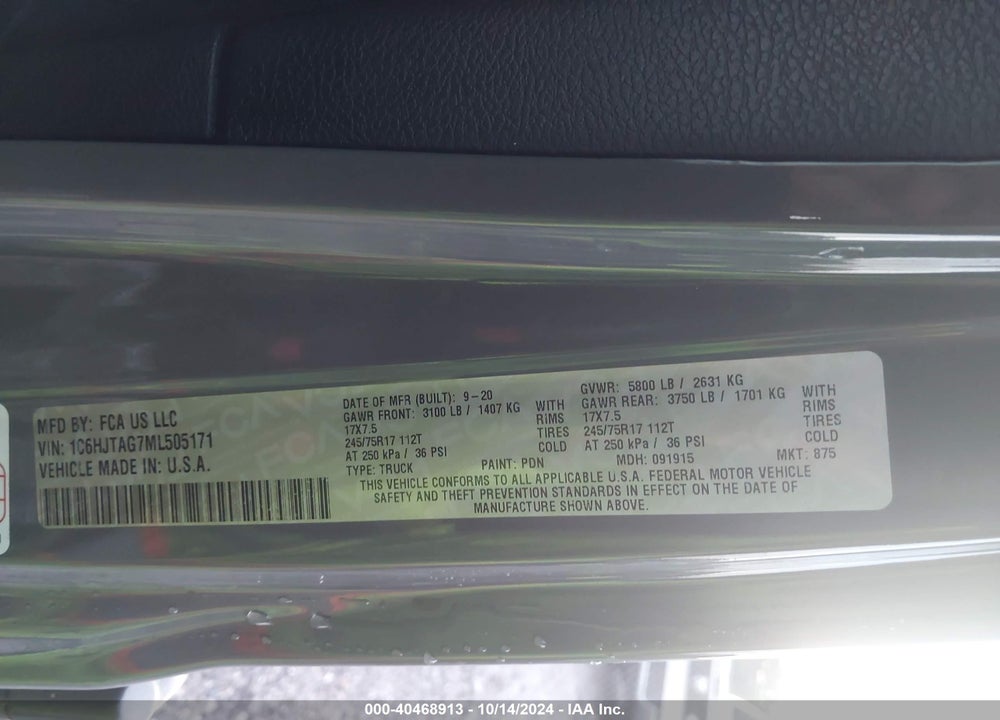 2021 JEEP GLADIATOR SPORT S 4X4 VIN: 1C6HJTAG7ML505171