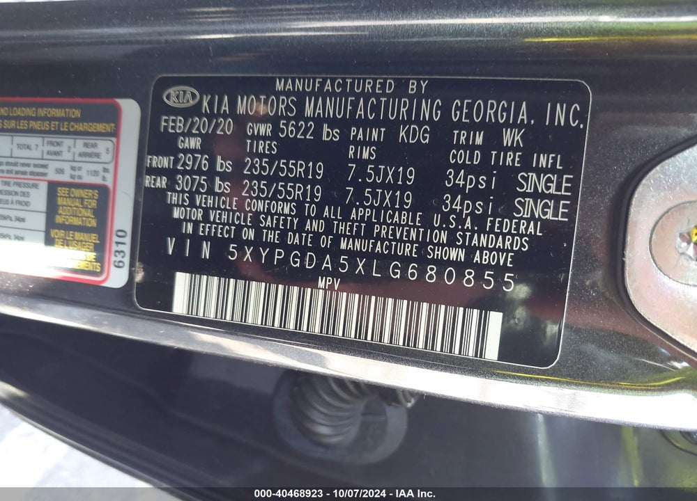 2020 KIA SORENTO 3.3L S VIN: 5XYPGDA5XLG680855