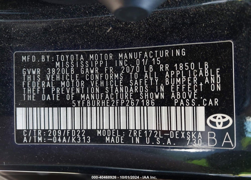 2015 TOYOTA COROLLA S PLUS VIN: 5YFBURHE2FP267186