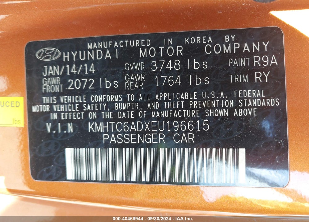 2014 HYUNDAI VELOSTER BASE W/BLACK VIN: KMHTC6ADXEU196615