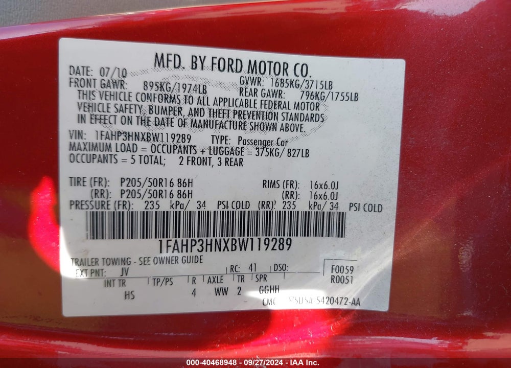 2011 FORD FOCUS SEL VIN: 1FAHP3HNXBW119289