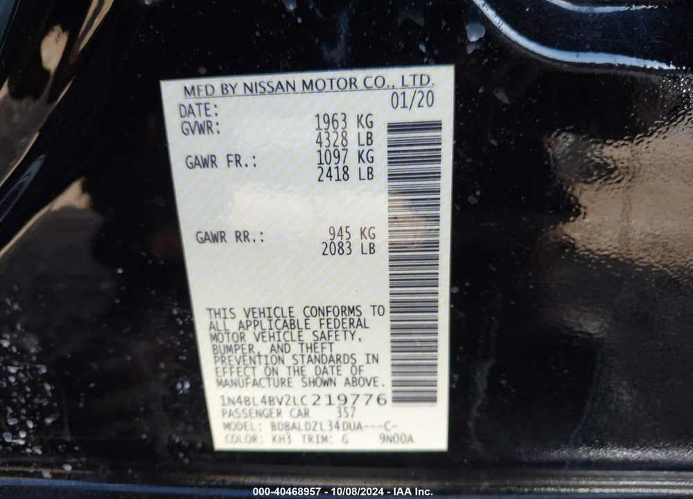 2020 NISSAN ALTIMA S FWD VIN: 1N4BL4BV2LC219776