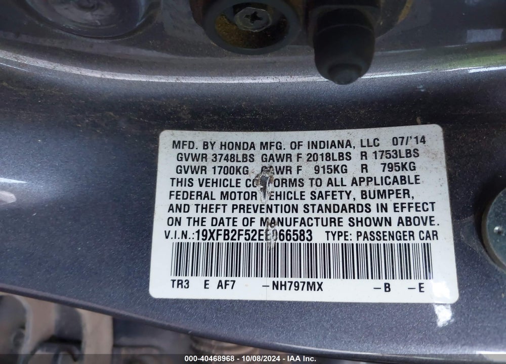 2014 HONDA CIVIC LX VIN: 19XFB2F52EE066583