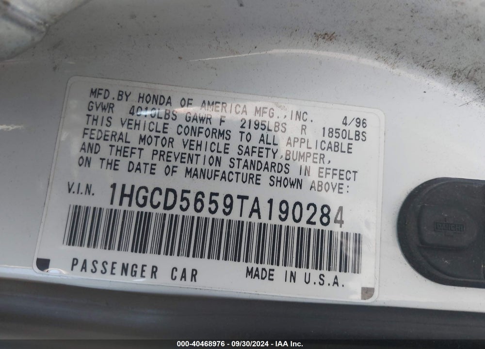 1996 HONDA ACCORD EX/EX-R VIN: 1HGCD5659TA190284