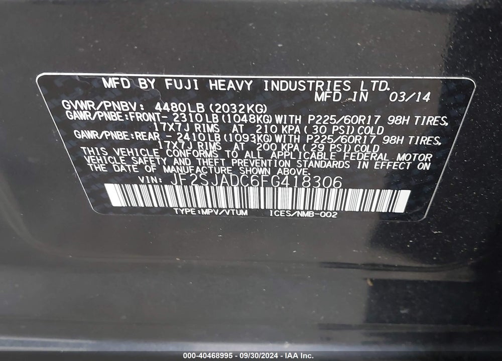 2015 SUBARU FORESTER 2.5I PREMIUM VIN: JF2SJADC6FG418306