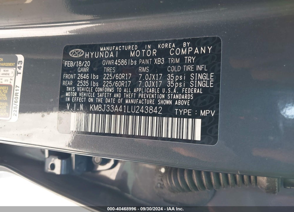 2020 HYUNDAI TUCSON VALUE VIN: KM8J33A41LU243842