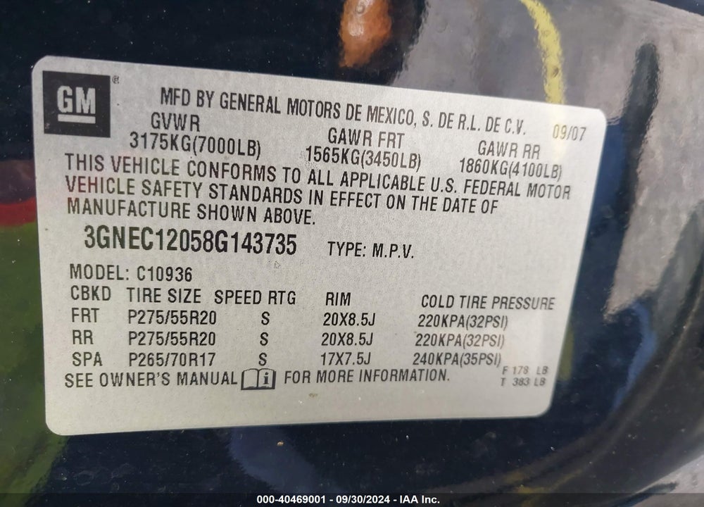 2008 CHEVROLET AVALANCHE 1500 LTZ VIN: 3GNEC12058G143735