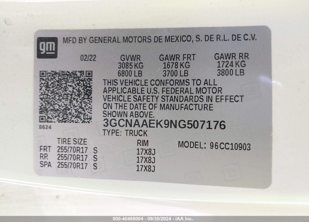 2022 CHEVROLET SILVERADO 1500 2WD LONG BED WT VIN: 3GCNAAEK9NG507176