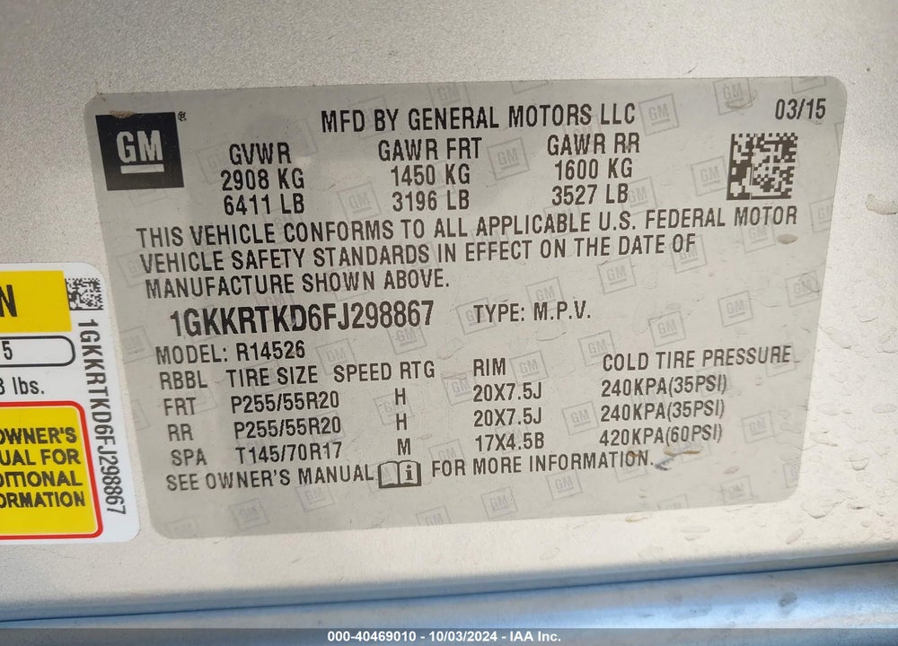 2015 GMC ACADIA DENALI VIN: 1GKKRTKD6FJ298867