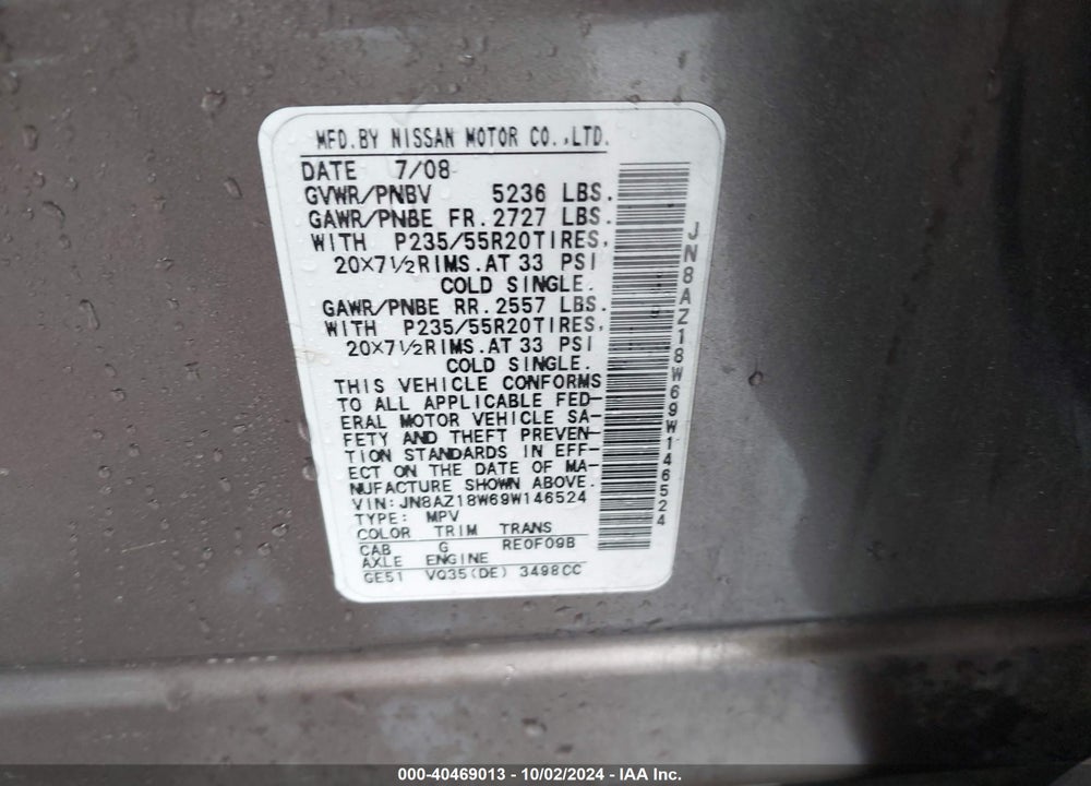 2009 NISSAN MURANO LE VIN: JN8AZ18W69W146524