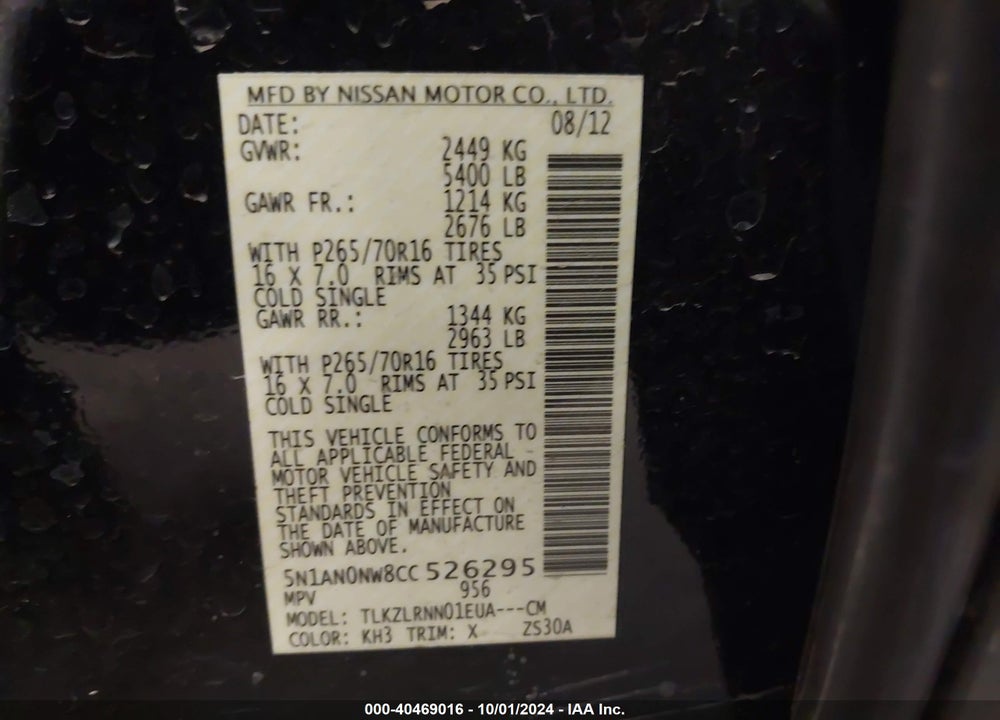 2012 NISSAN XTERRA S VIN: 5N1AN0NW8CC526295