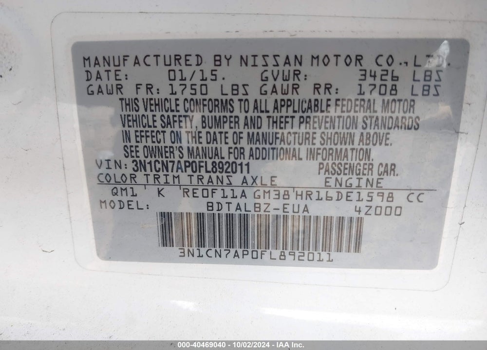 2015 NISSAN VERSA 1.6 SV VIN: 3N1CN7AP0FL892011