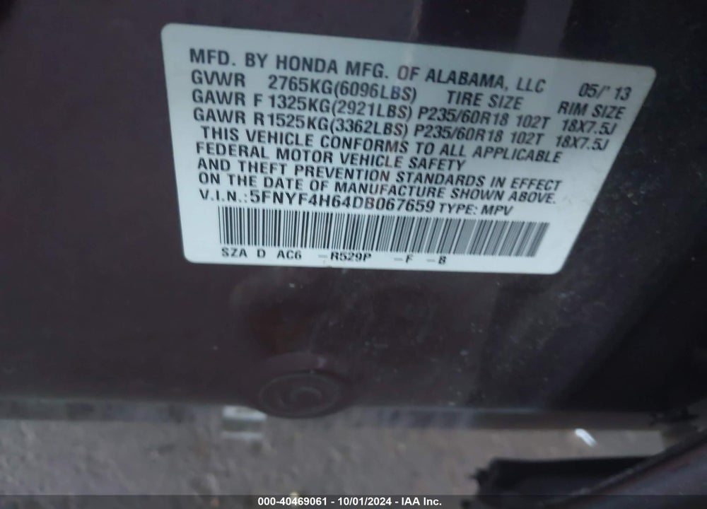 2013 HONDA PILOT EX-L VIN: 5FNYF4H64DB067659