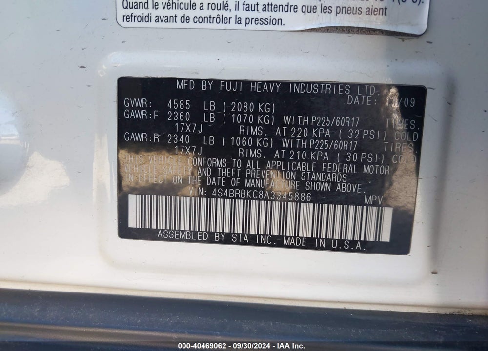 2010 SUBARU OUTBACK 2.5I LIMITED VIN: 4S4BRBKC8A3345886