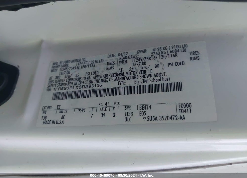 2012 FORD E-350 SUPER DUTY XL VIN: 1FBSS3BLXCDA93106