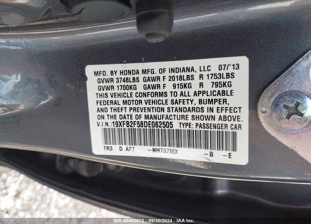 2013 HONDA CIVIC LX VIN: 19XFB2F58DE062505