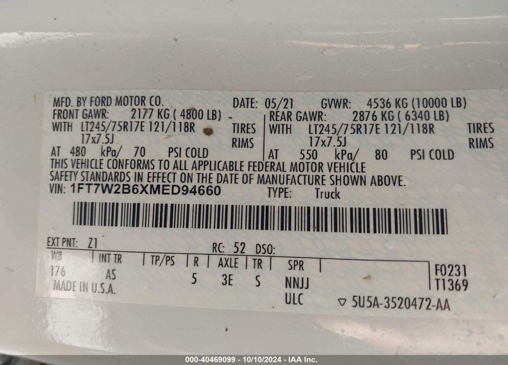 2021 FORD F-250 XL VIN: 1FT7W2B6XMED94660