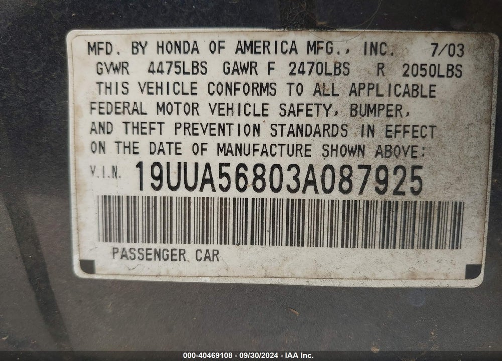 2003 ACURA TL 3.2 TYPE S VIN: 19UUA56803A087925
