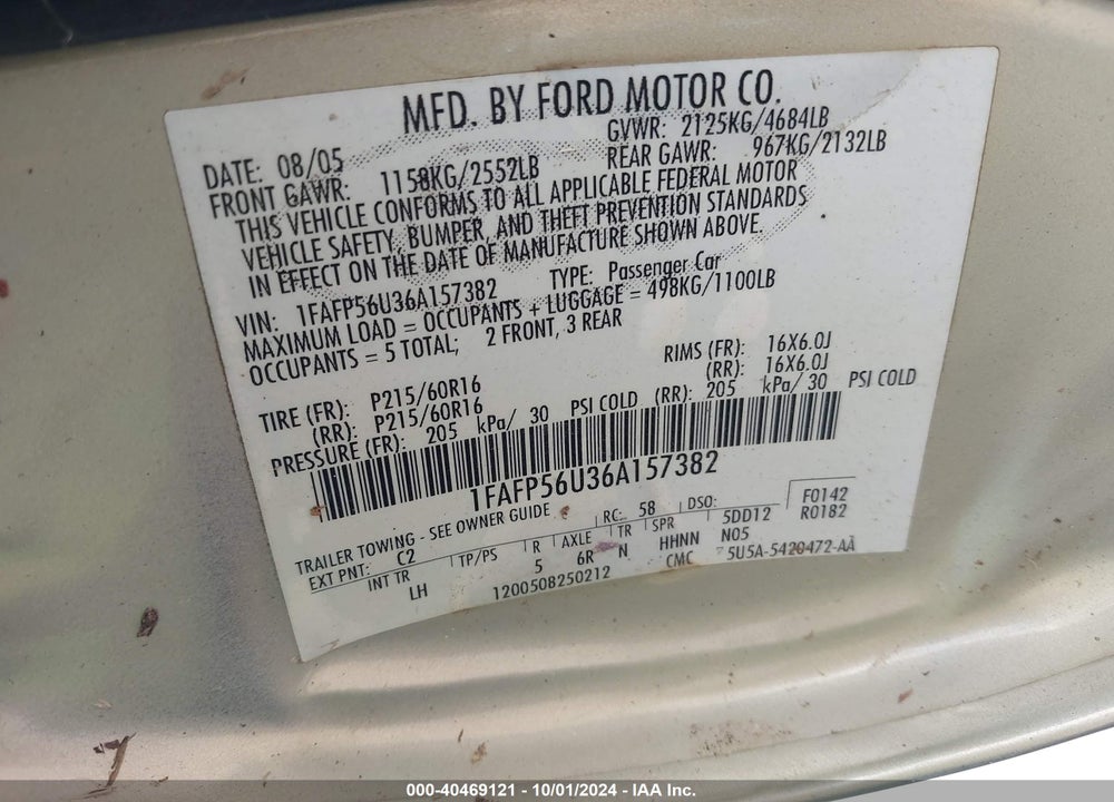 2006 FORD TAURUS SEL VIN: 1FAFP56U36A157382