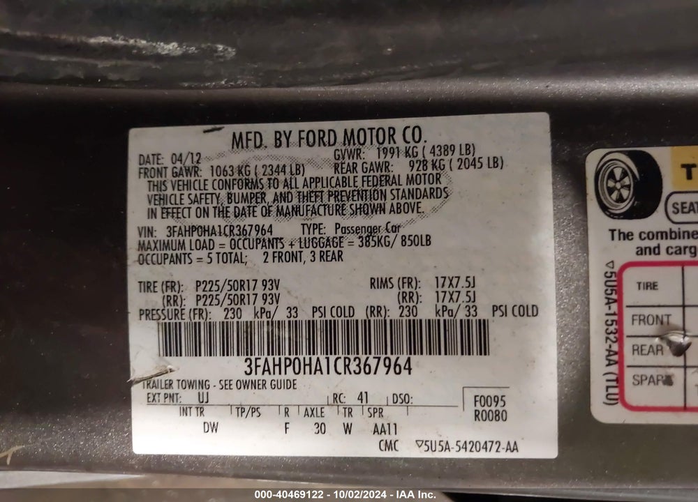 2012 FORD FUSION SE VIN: 3FAHP0HA1CR367964