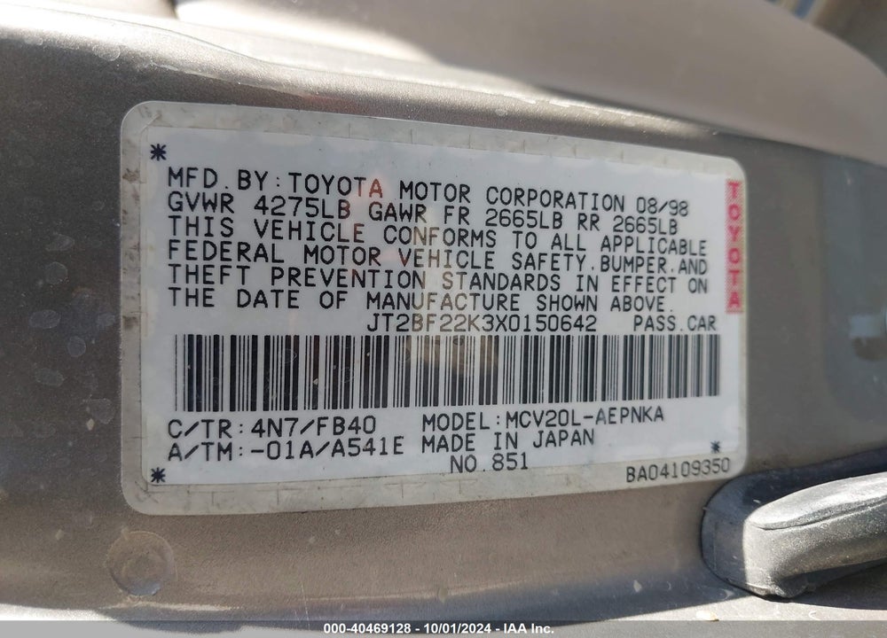 1999 TOYOTA CAMRY LE V6 VIN: JT2BF22K3X0150642