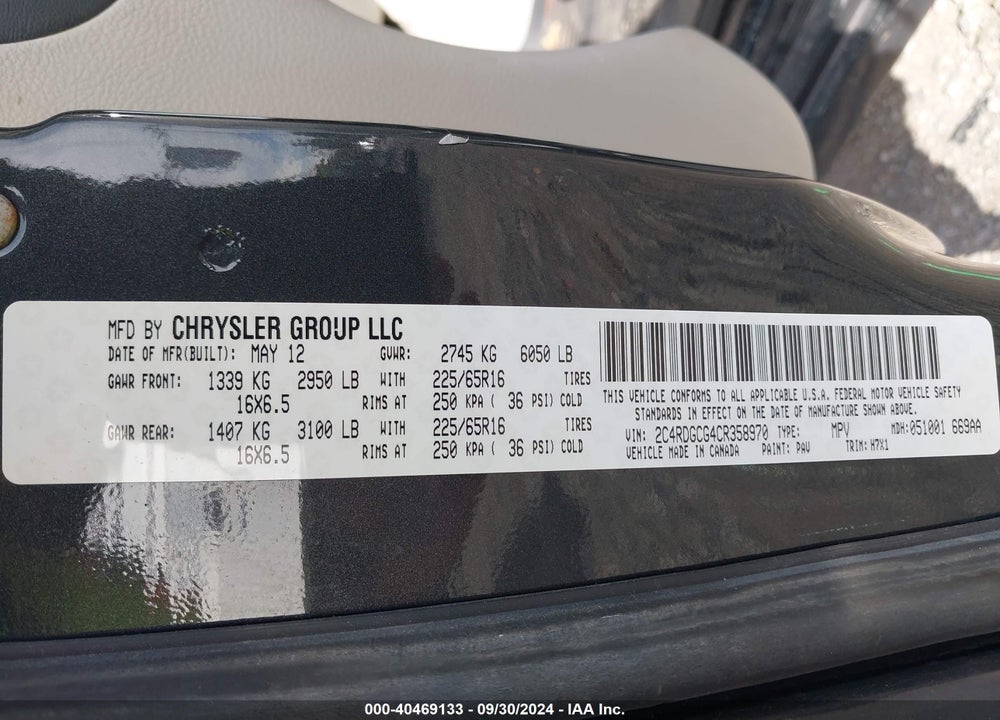 2012 DODGE GRAND CARAVAN SXT VIN: 2C4RDGCG4CR358970