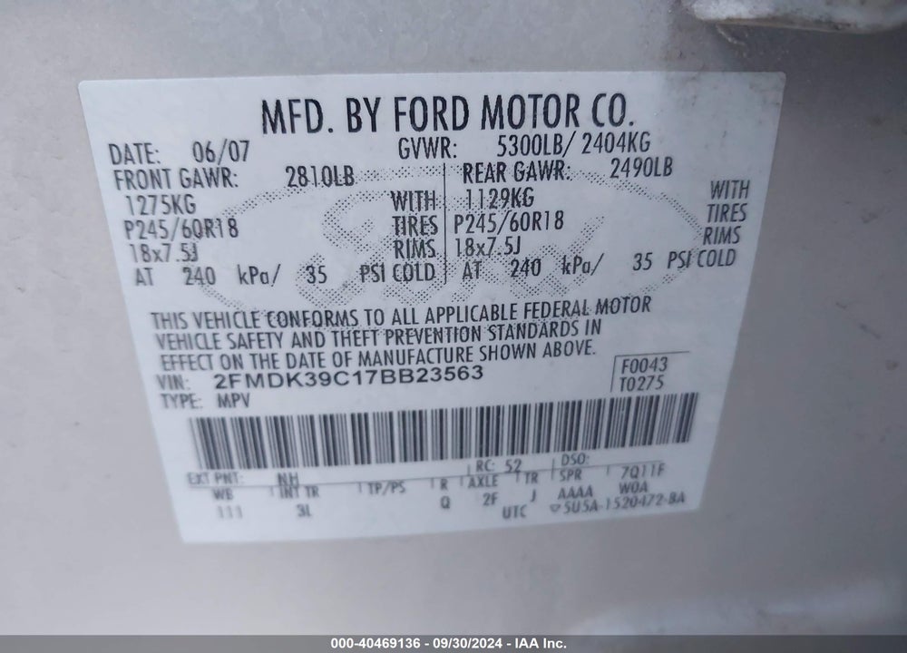 2007 FORD EDGE SEL PLUS VIN: 2FMDK39C17BB23563