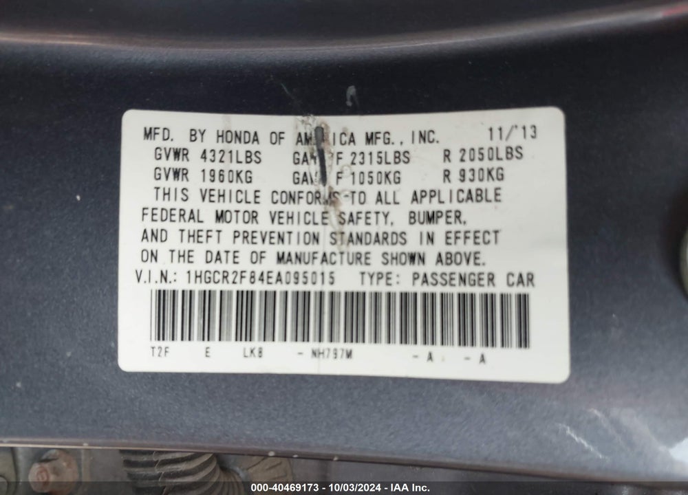 2014 HONDA ACCORD EX-L VIN: 1HGCR2F84EA095015