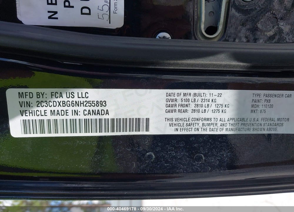 2022 DODGE CHARGER SXT RWD VIN: 2C3CDXBG6NH255893