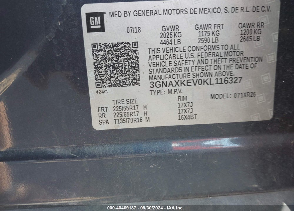2019 CHEVROLET EQUINOX LT VIN: 3GNAXKEV0KL116327