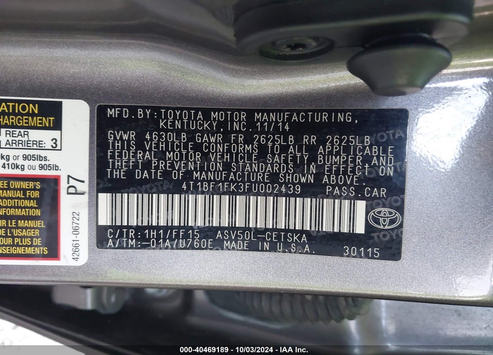 2015 TOYOTA CAMRY SE VIN: 4T1BF1FK3FU002439
