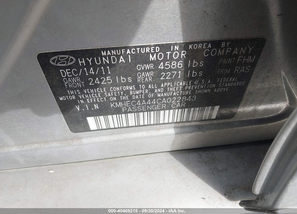 2012 HYUNDAI SONATA HYBRID VIN: KMHEC4A44CA022843
