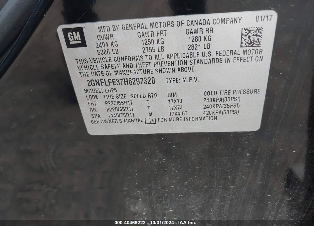 2017 CHEVROLET EQUINOX LT VIN: 2GNFLFE37H6297320