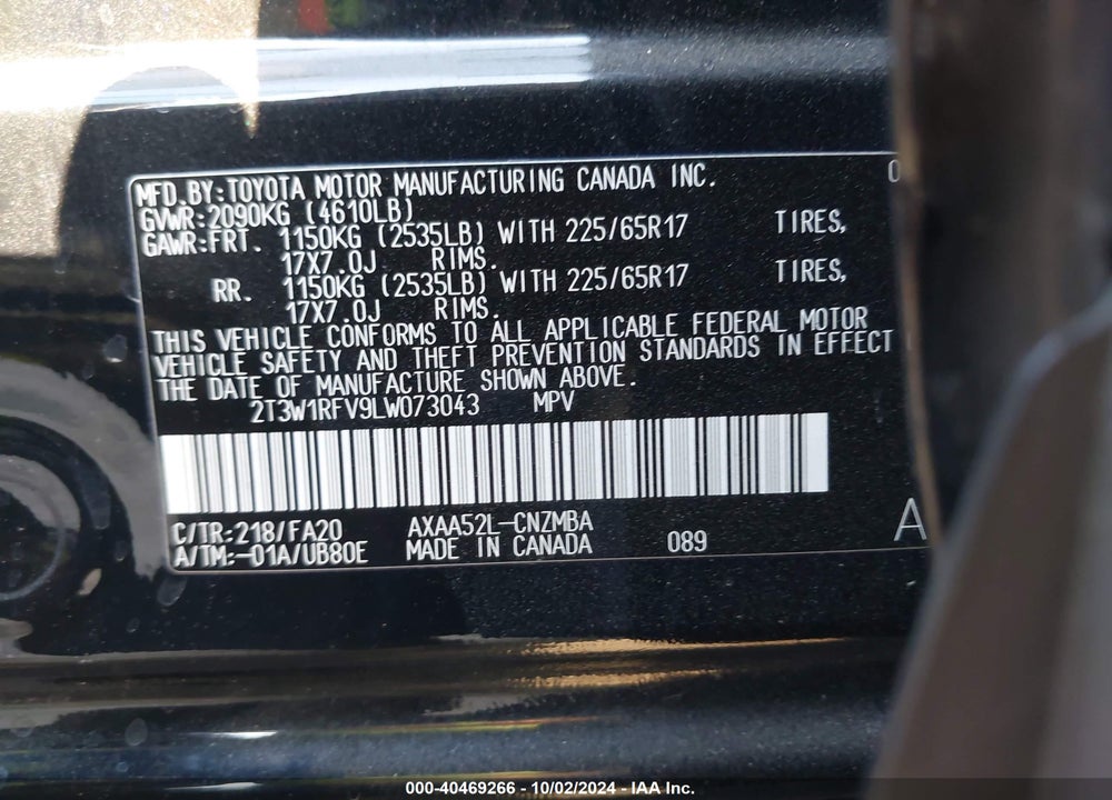 2020 TOYOTA RAV4 XLE VIN: 2T3W1RFV9LW073043