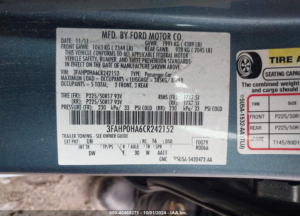 2012 FORD FUSION SE VIN: 3FAHP0HA6CR242152