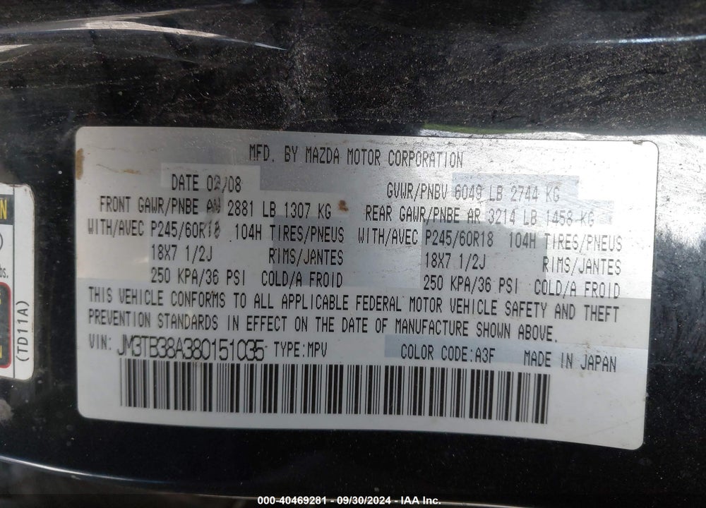 2008 MAZDA CX-9 SPORT VIN: JM3TB38A380151035
